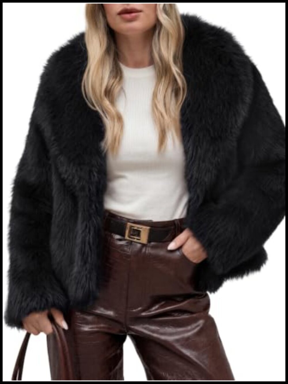 Cropped Faux Fur Coat Wide Lapel Open Front Long Sleeve Shaggy